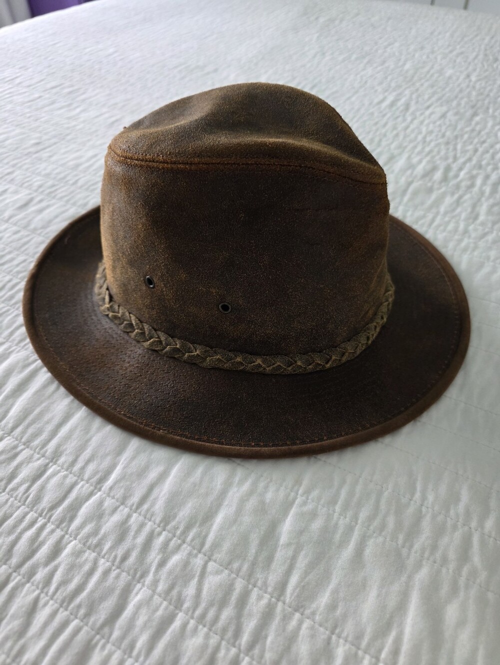 The Walking Company L Distressed Brown Leather Fedora Hat with Braided Band